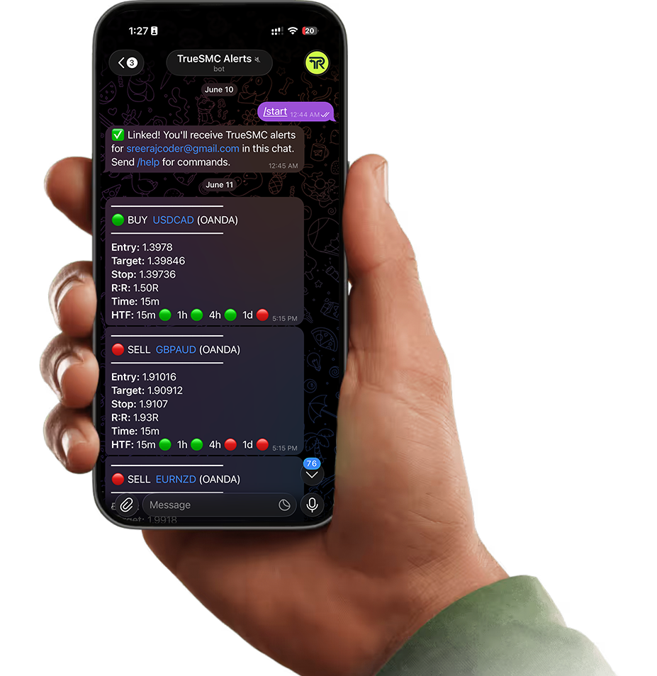 A hand holding a phone showing a TrueSMC Telegram alert